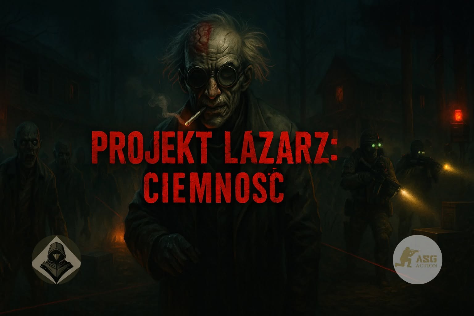 Plakat Projekt Łazarz: Ciemność — doktor Krauss na tle zombie i operatorów w nocnym lesie