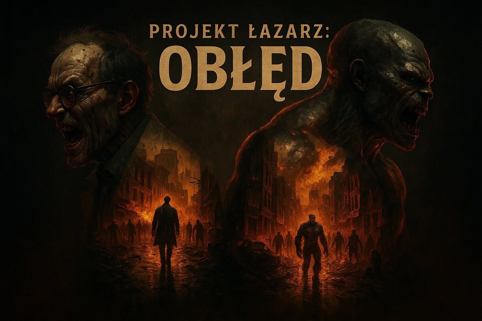 Plakat Projekt Łazarz: Obłęd z postaciami doktora i zombie na tle płonącego miasta
