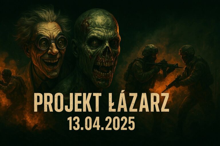 Plakat Projekt Łazarz: Prolog — doktor i zombie na tle walczących graczy